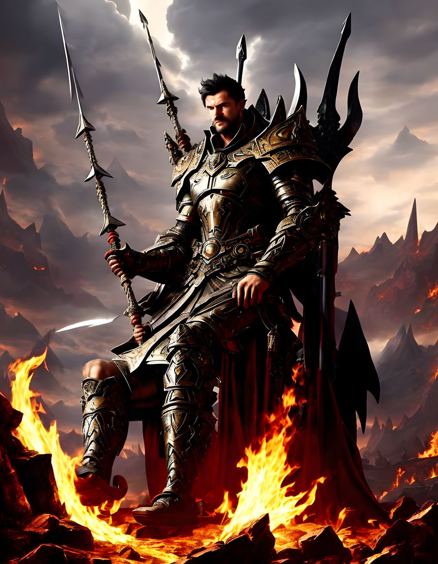 Majestic warrior in black armor with spear in fiery landscape