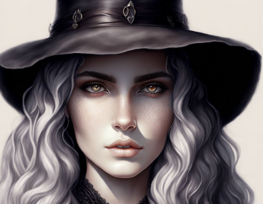 Illustrated portrait of woman with silver wavy hair and green eyes in black witch's hat.