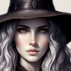 Illustrated portrait of woman with silver wavy hair and green eyes in black witch's hat.