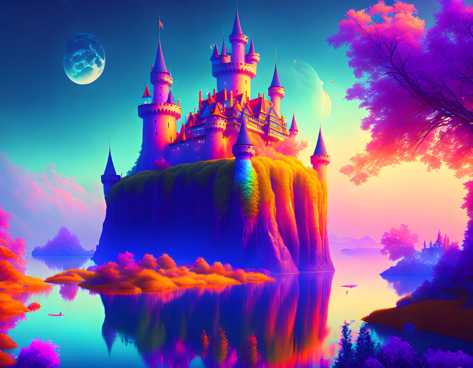 Majestic castle on cliff with neon flora under moonlit sky