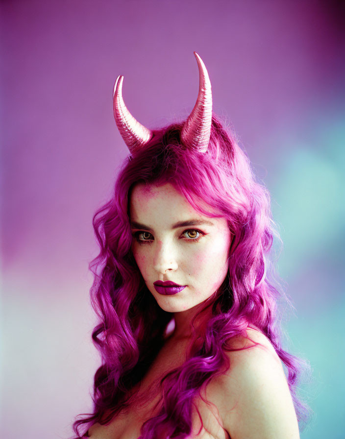 Purple-Haired Woman with Horns on Gradient Background