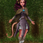 Fantasy character cosplay with purple hair, horns, tail, and armor in woodland setting