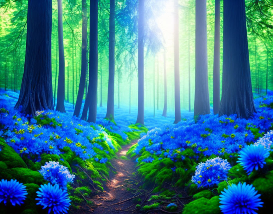 Lush forest path with blue flowers and tall trees under ethereal light