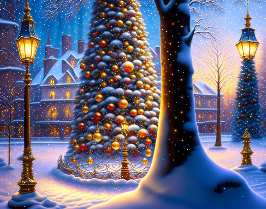 Illustration of Large Decorated Christmas Tree in Snowy Twilight