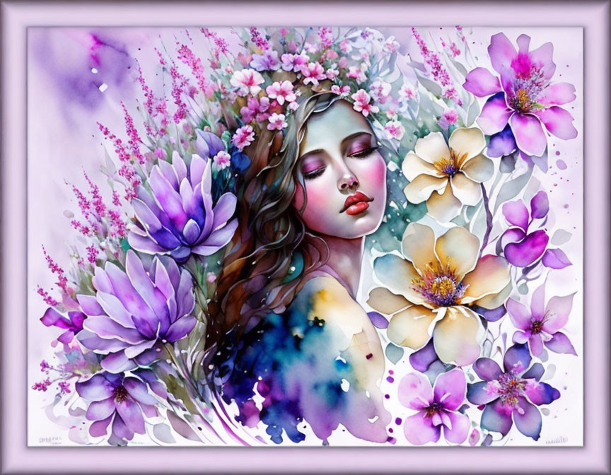 Colorful Flower Illustration Featuring Serene Woman