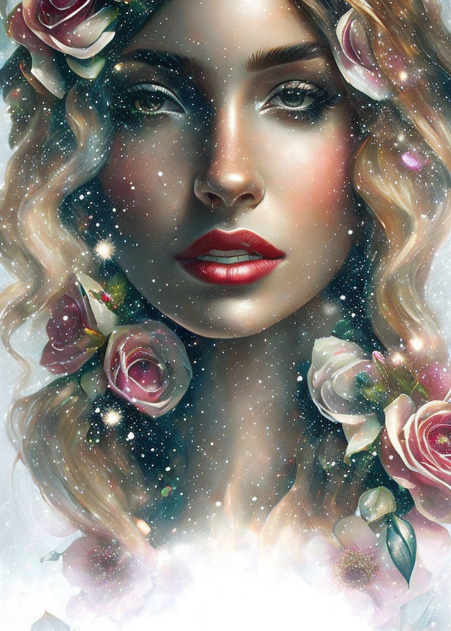 Digital artwork of a woman with wavy hair and red lips surrounded by cosmic sparkles