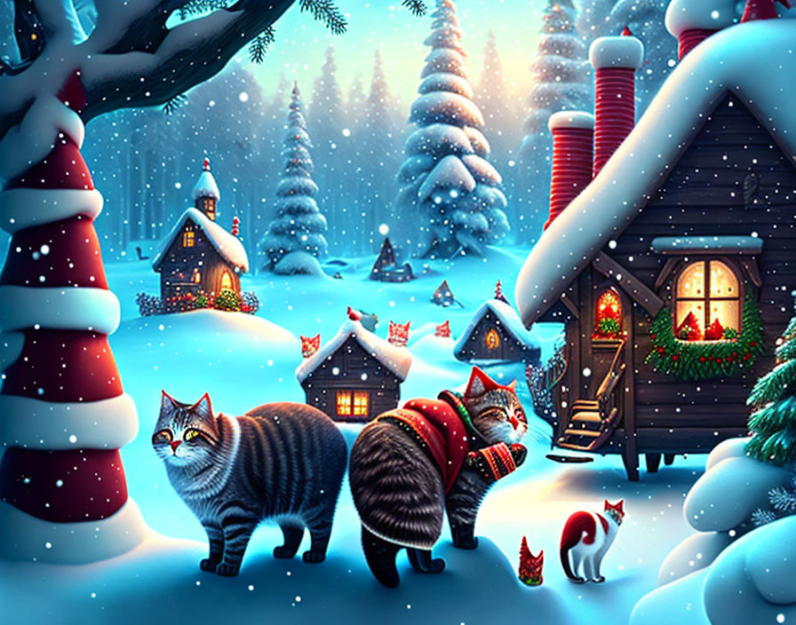 Santa Claus, gnomes, cats and trees in a winter fa