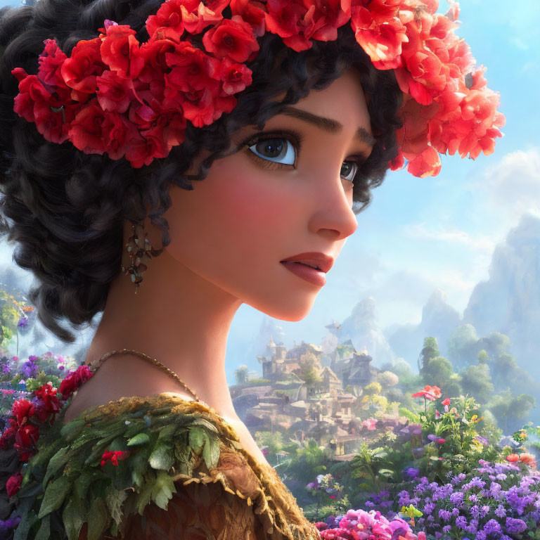 Young woman in red floral wreath, 3D-animated, amidst vibrant flower-filled landscape