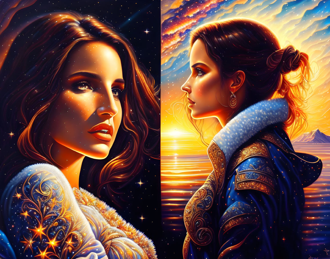 Colorful digital artwork: Woman in cosmic backgrounds with starry night and sunset, ornate clothing.