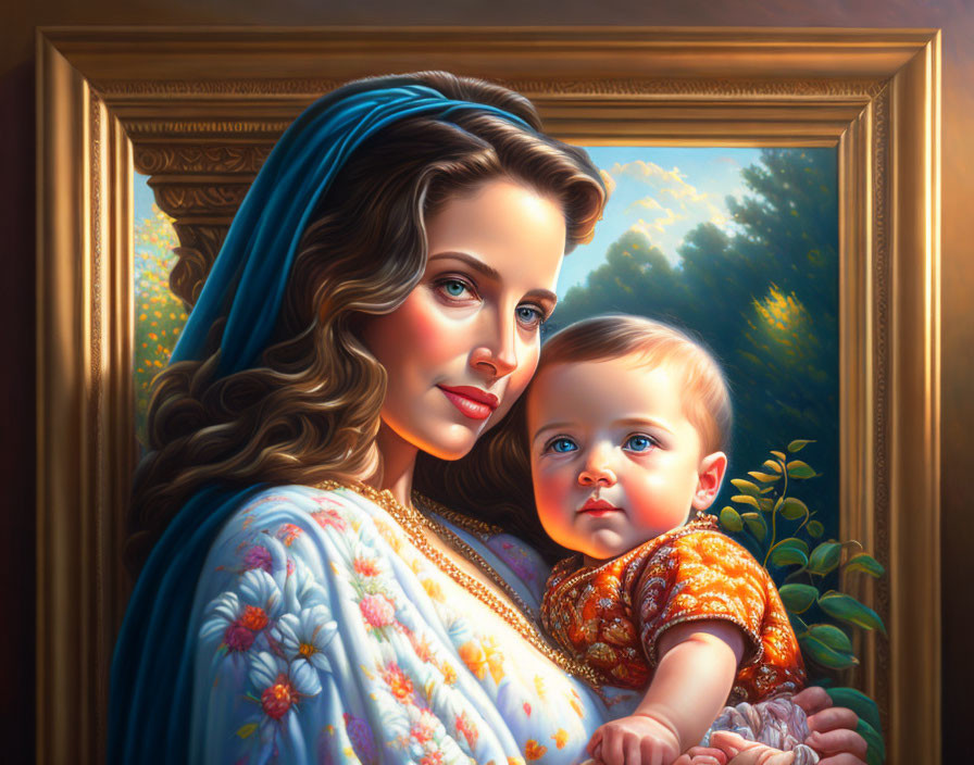 Portrait of woman with blue headscarf holding baby, vibrant colors & intricate lighting