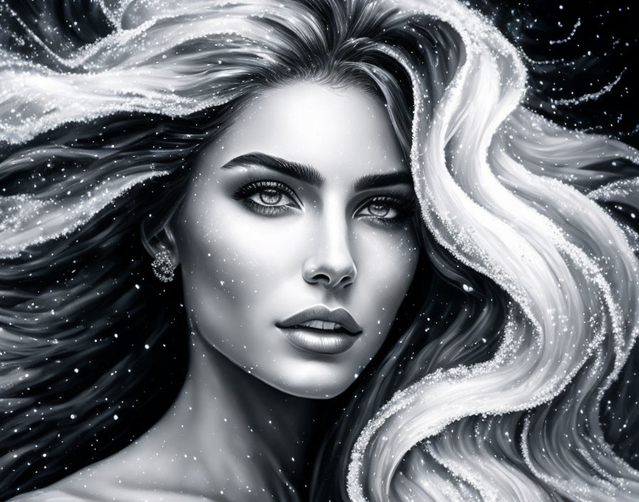 Monochrome image of woman with flowing hair and captivating eyes amidst stars