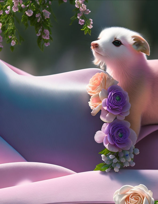 Whimsical ferret with flowers in pastel fantasy scene