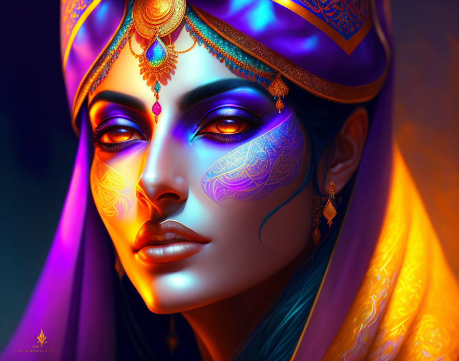 Vibrant blue-skinned woman with gold jewelry and purple headscarf