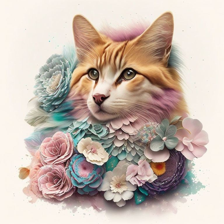 Digitally enhanced cat portrait with large, vivid eyes and pastel flowers