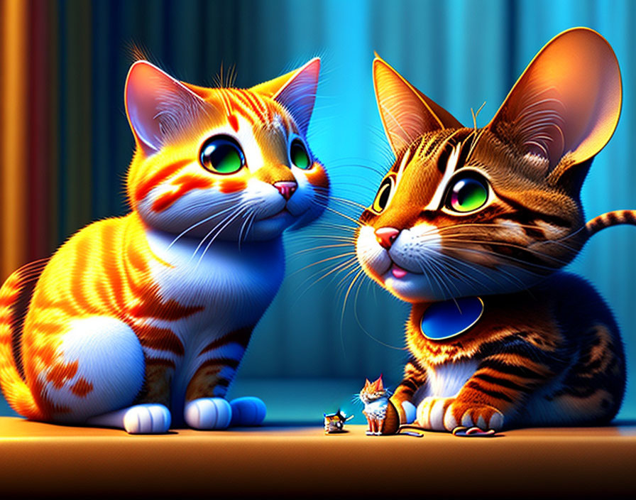 Exaggerated-eyed animated cats with tiny figure on blue backdrop