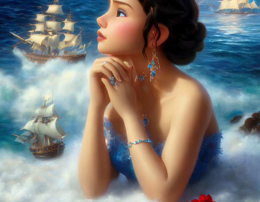 Illustration of woman gazing at ships on frothy sea