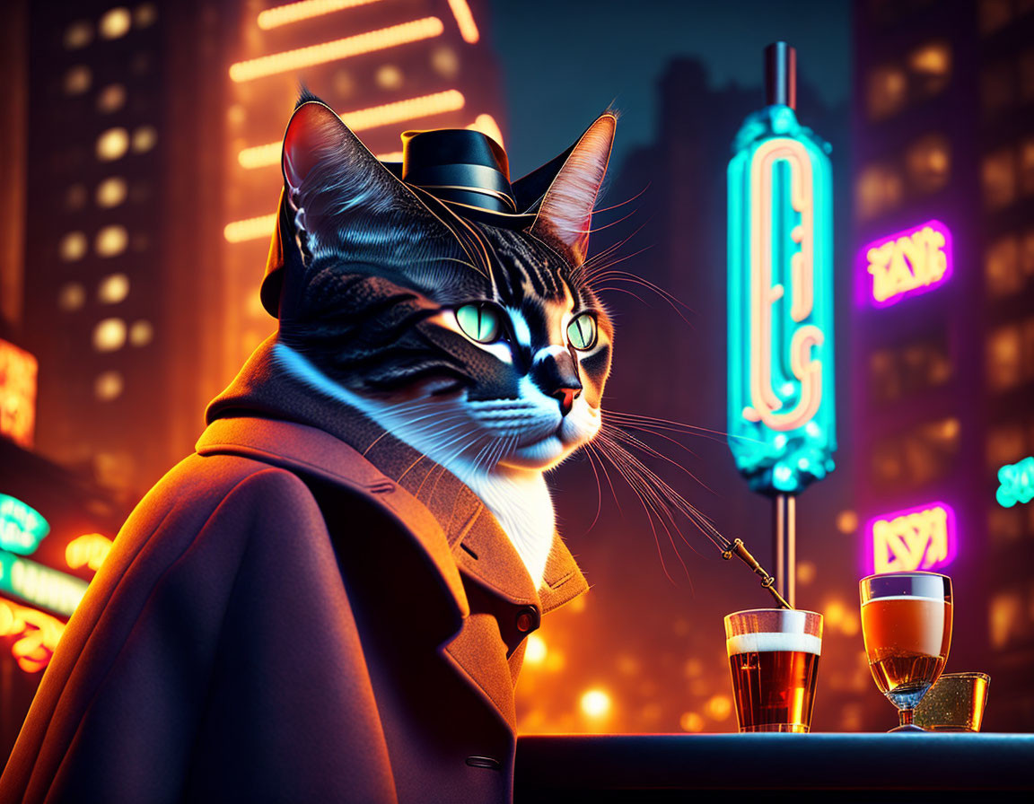 Stylized cat in top hat and coat in neon-lit cityscape at night