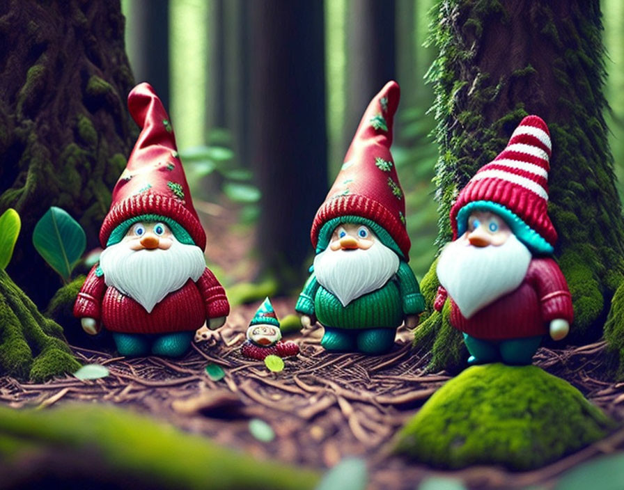 Colorful Garden Gnome Figurines in Forest Setting
