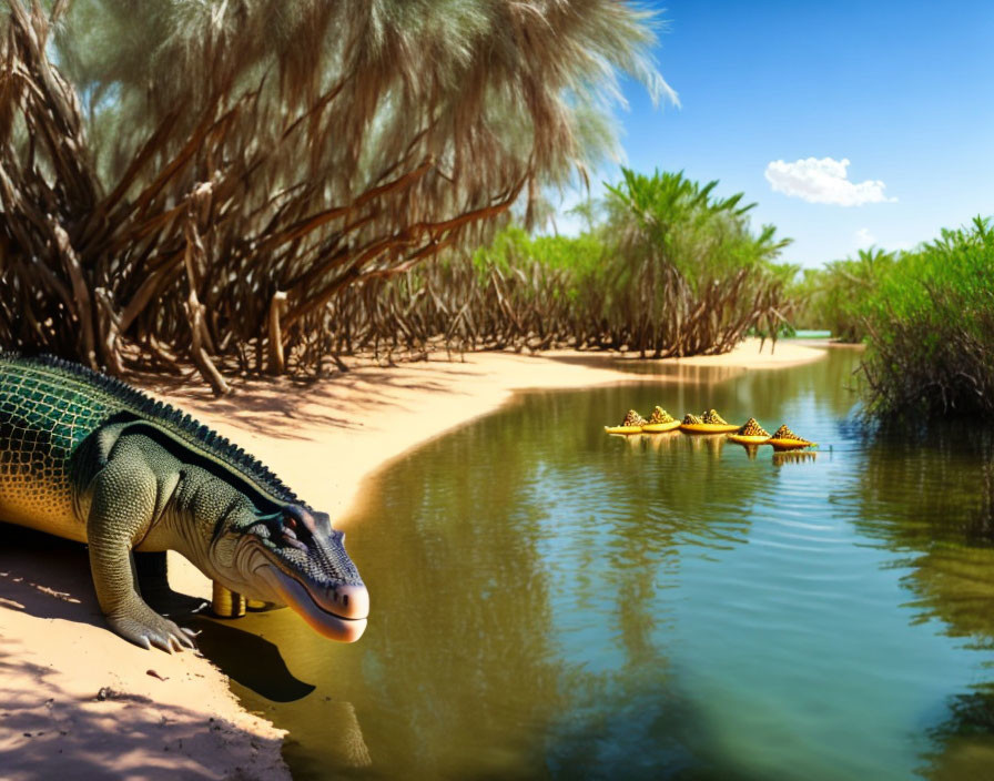 Cartoon alligator digital art with rubber ducks in serene river landscape