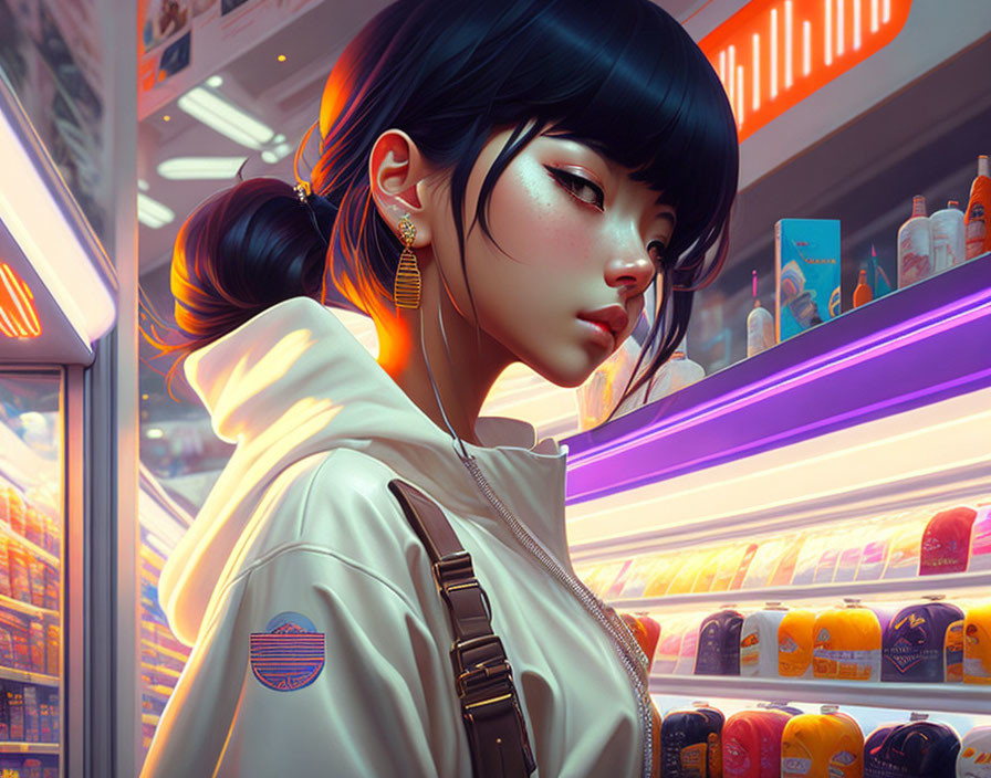 Illustrated woman with ponytail and earrings in front of vibrant convenience store fridge.