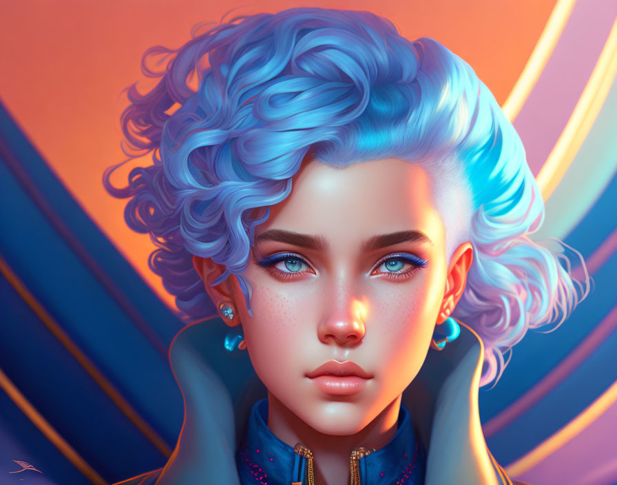 Vibrant blue curly hair and piercing blue eyes in digital portrait