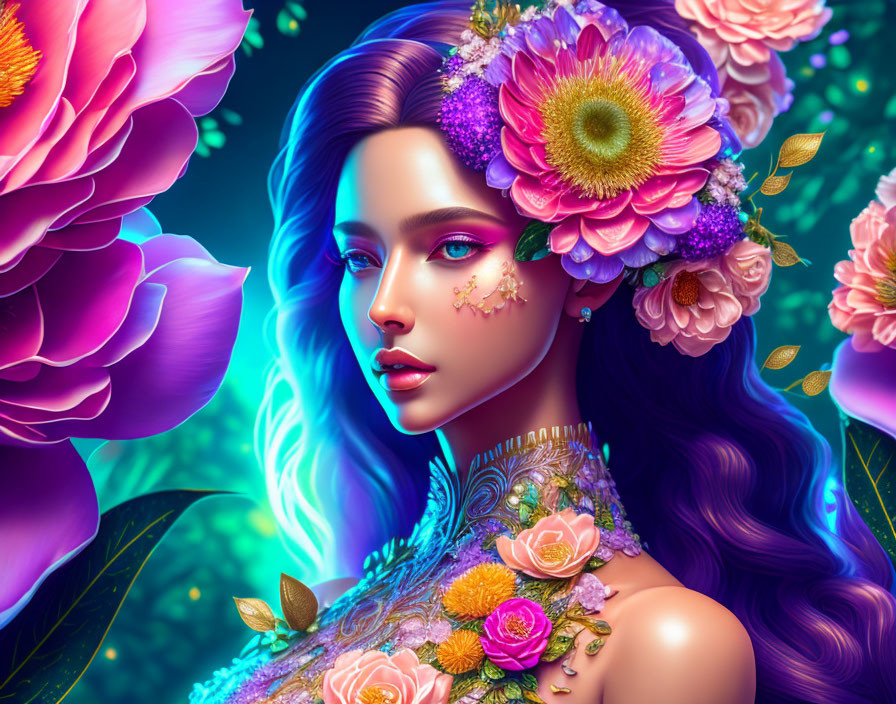 Vibrant Illustration: Woman with Violet Hair and Floral Adornments