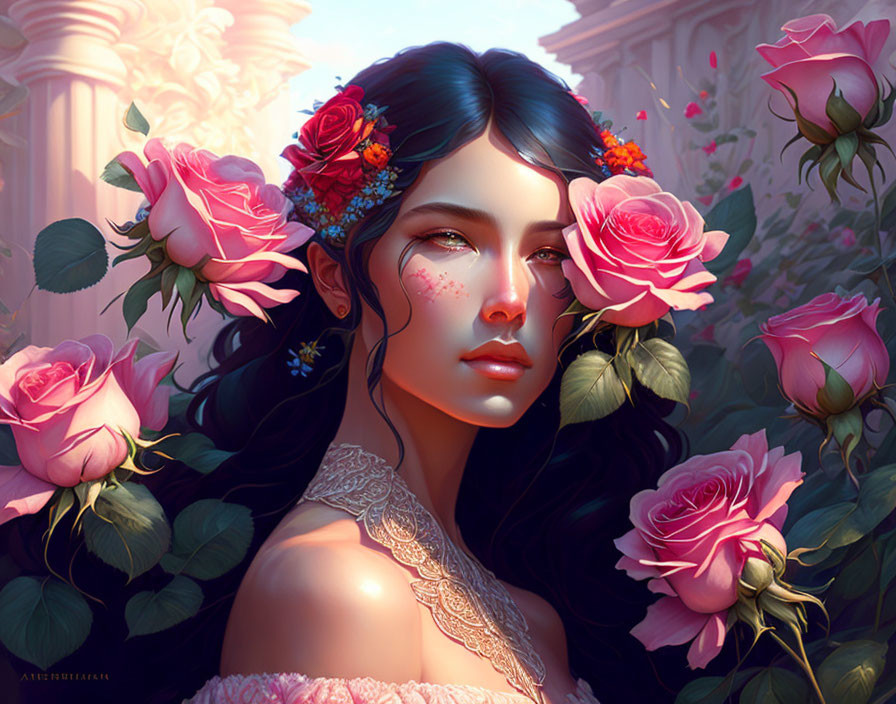 Digital artwork of woman with flowers in hair among pink roses and classical architecture.