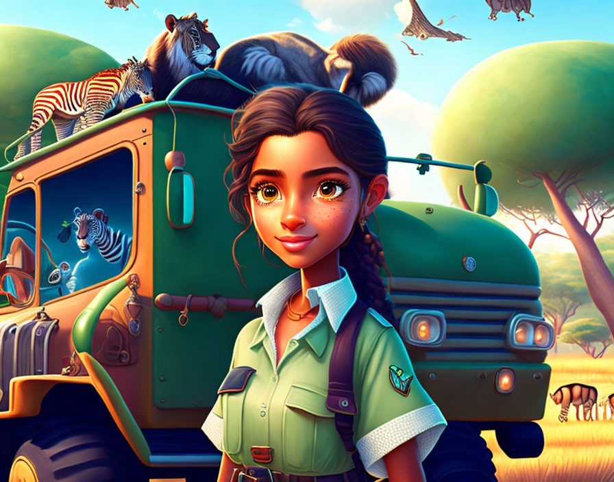 Young female ranger with jeep and animated animals in colorful savanna