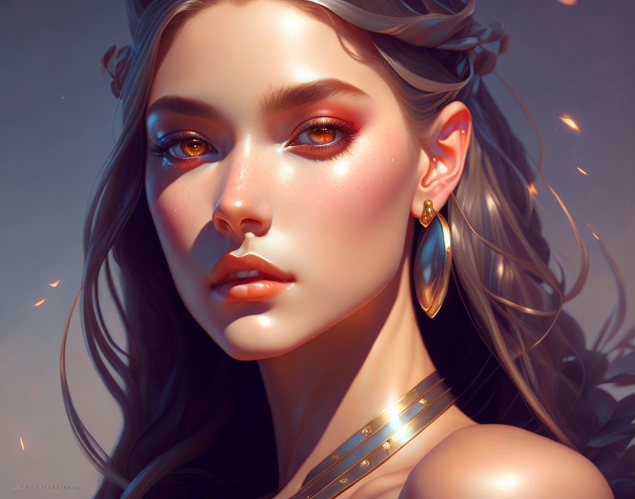 Detailed digital art of woman with golden jewelry, shimmering eyes, and flowing hair.