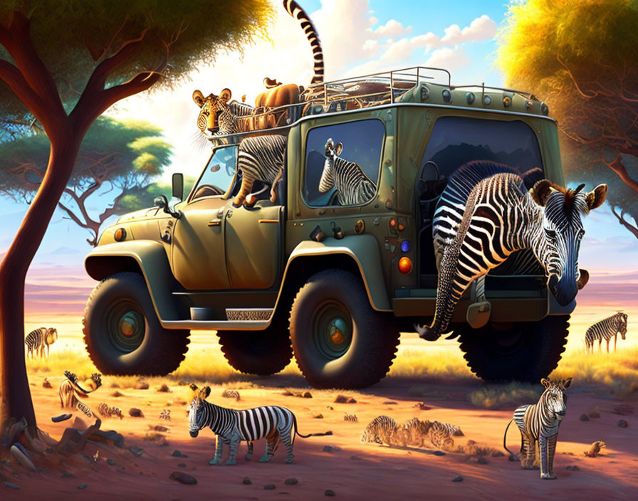 Zebras on safari vehicle in sunny African savannah
