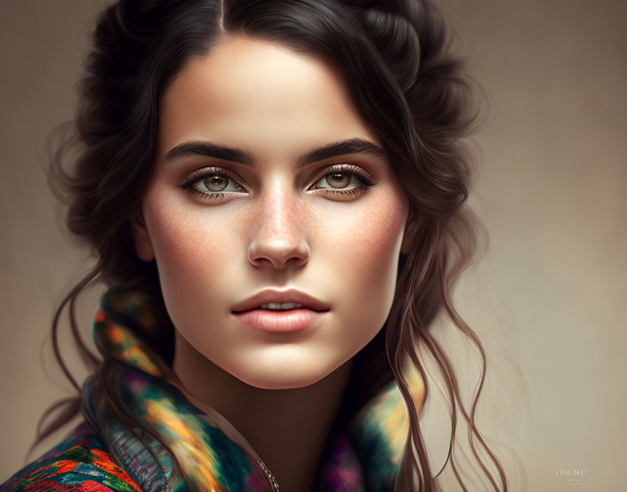 Young woman's digital portrait: hazel eyes, wavy brown hair, light freckles,
