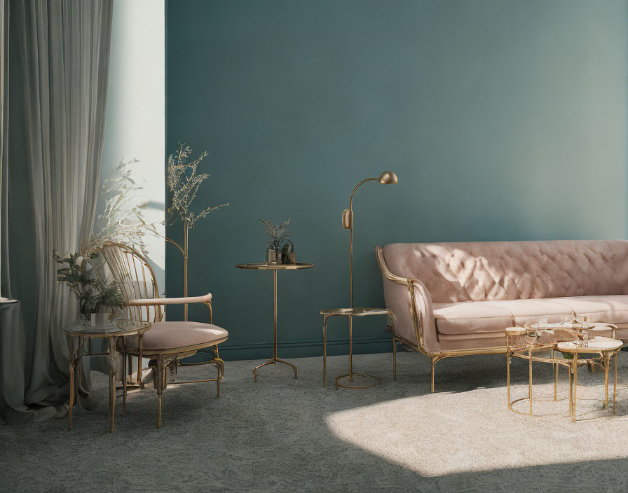 Pastel pink sofa, gold accent tables, floor lamp, potted plant in elegant living room.