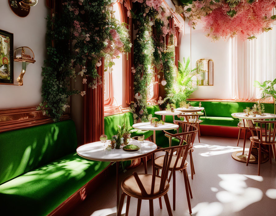 Cozy Cafe Interior with Green Plants, Pink Flowers, and Wooden Furniture