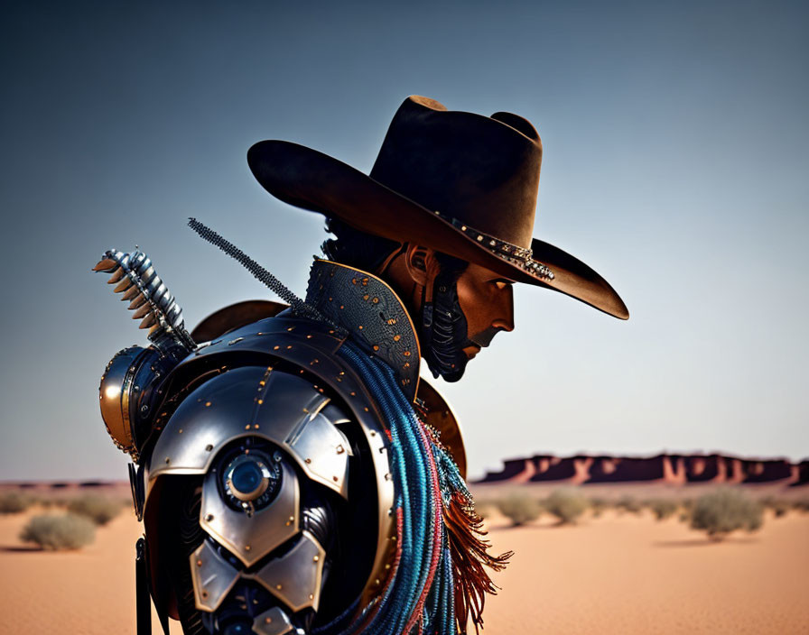 Person in ornate armor and wide-brimmed hat in desert landscape