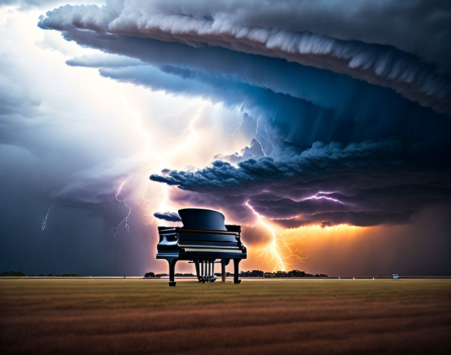 Grand piano under dramatic sky with shelf clouds and lightning over golden field