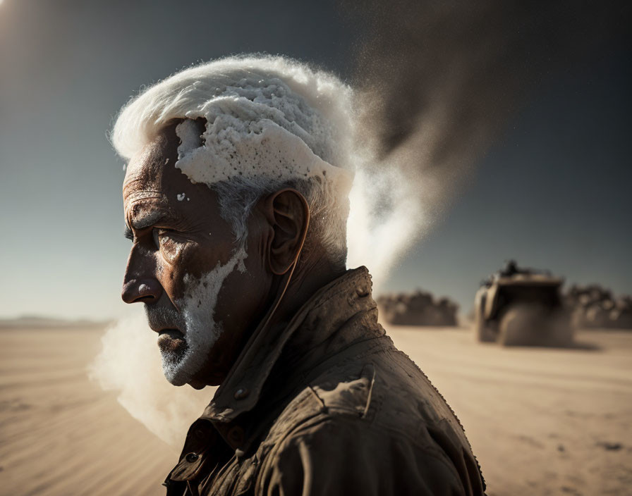 Elderly man with foam-covered head, desert and tank in background