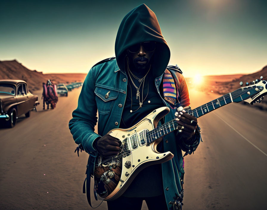 Musician plays electric guitar on desert road at sunset with vintage cars.