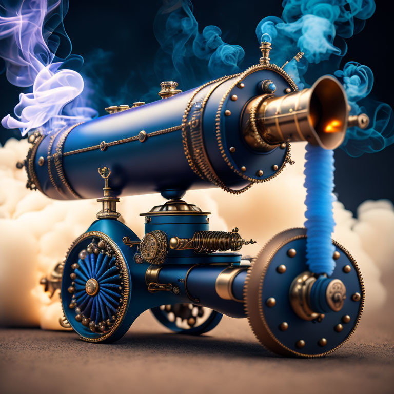 Steampunk-style device emitting blue smoke on cloudy background