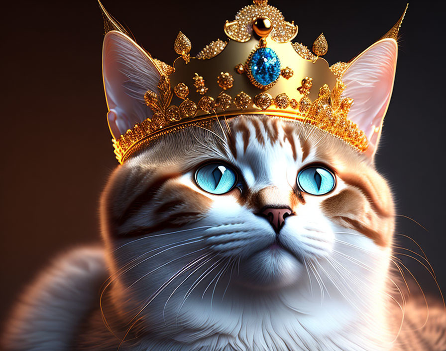 Regal cat with blue eyes in golden crown with blue jewel