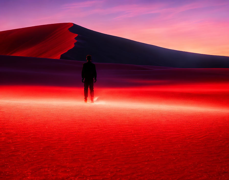 Figure in red desert under vibrant sunset with surreal landscape
