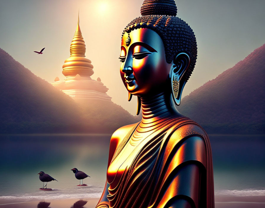 Tranquil Buddha statue with golden robe in serene landscape