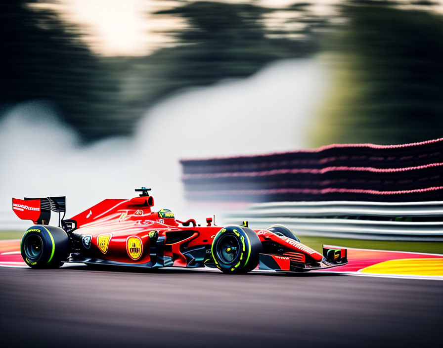 Red Formula 1 car speeding on racetrack with motion blur