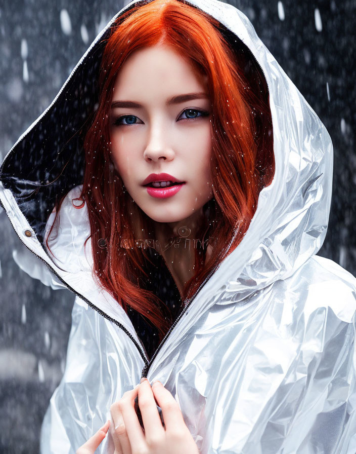 Woman with Red Hair and Blue Eyes in White Raincoat in Snowfall