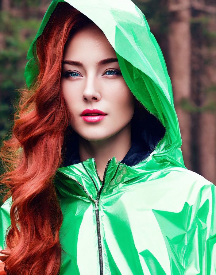 Striking red hair woman in green jacket against forest backdrop