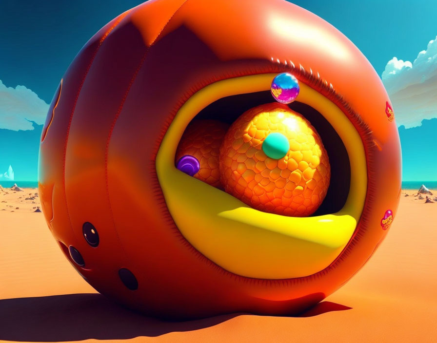Colorful 3D illustration of spherical creature with eye and orbs in desert