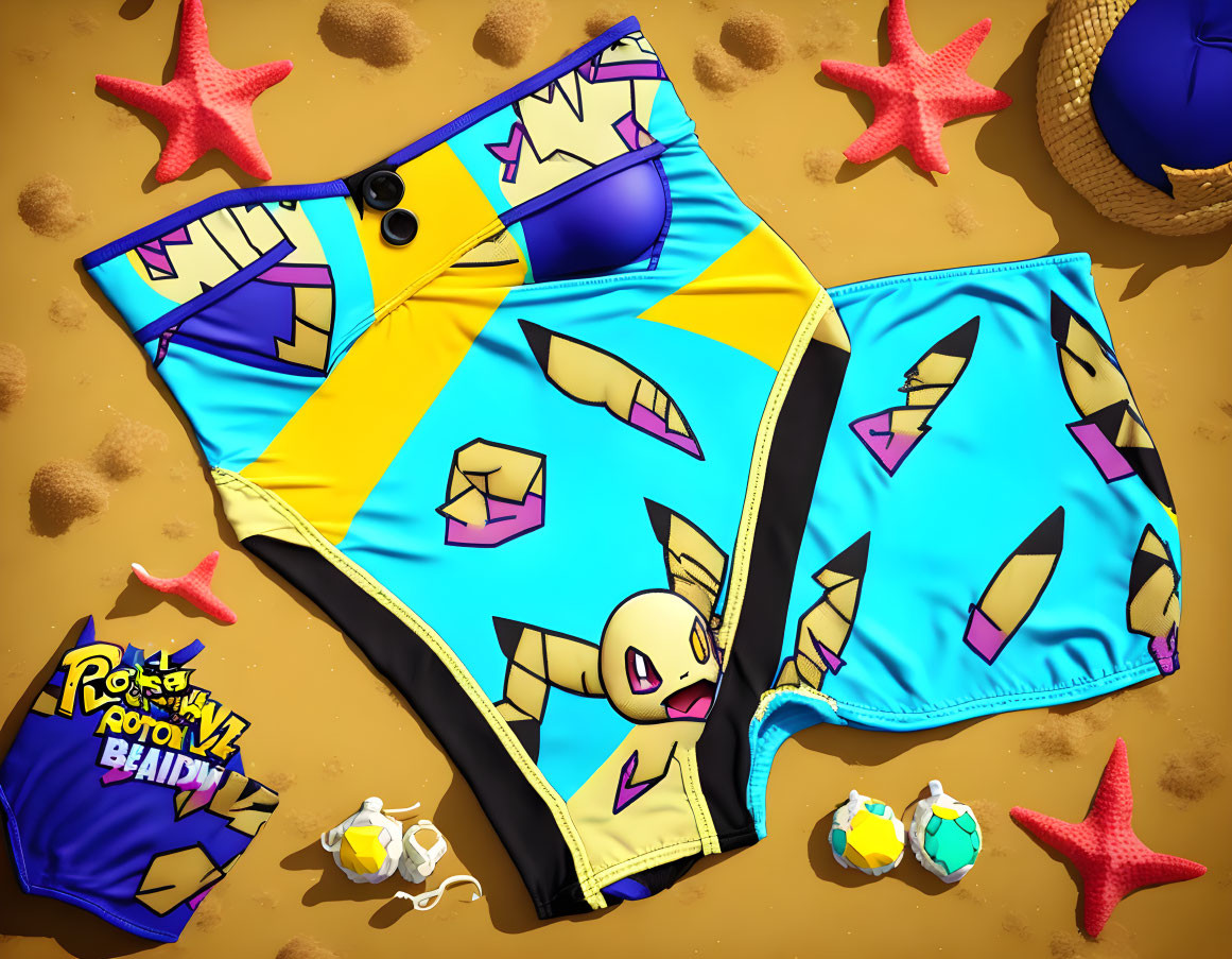 Colorful Swim Trunks Featuring Animated Character Design, Beach Balls, Starfish, and Sunglasses on