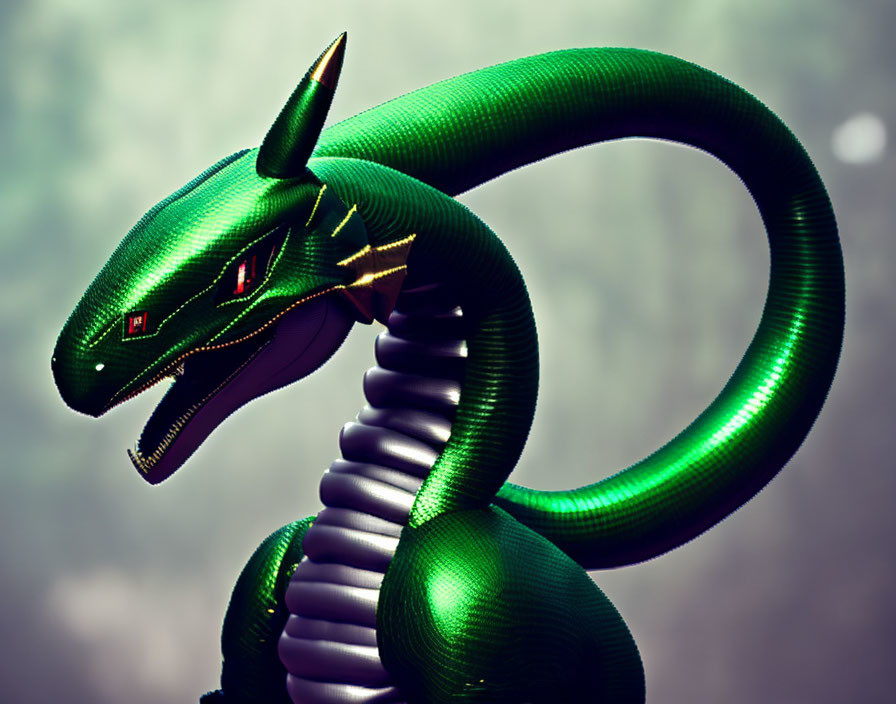 Metallic Green Serpent with Red Eyes in Misty Setting