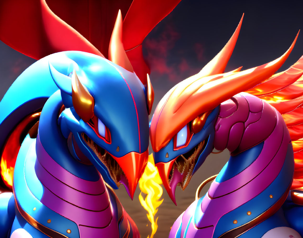 Vibrant animated dragons: blue and red scales, fiery backdrop