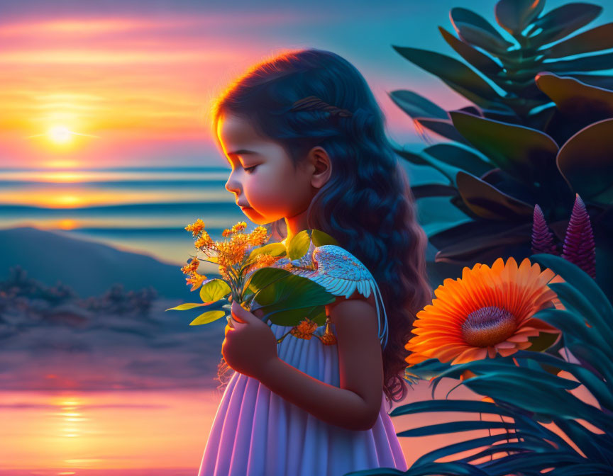 Young girl in white dress smelling flowers at sunset with ocean and vibrant sky in background.