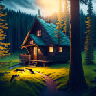 Illuminated Two-Story Cabin in Twilight Pine Forest